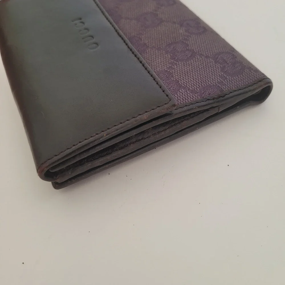 Gucci GG Monogram Canvas Leather Bifold Wallet Purple‎ Brown 143387-2091 Italian